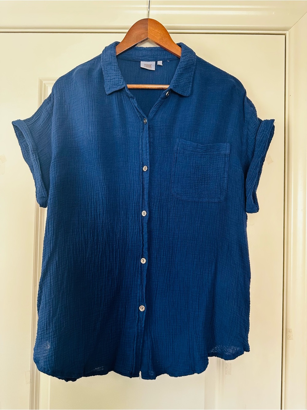 100% Cotton Navy Gauze Button Down Shirt Rolled Sleeve Muslin Casual Large